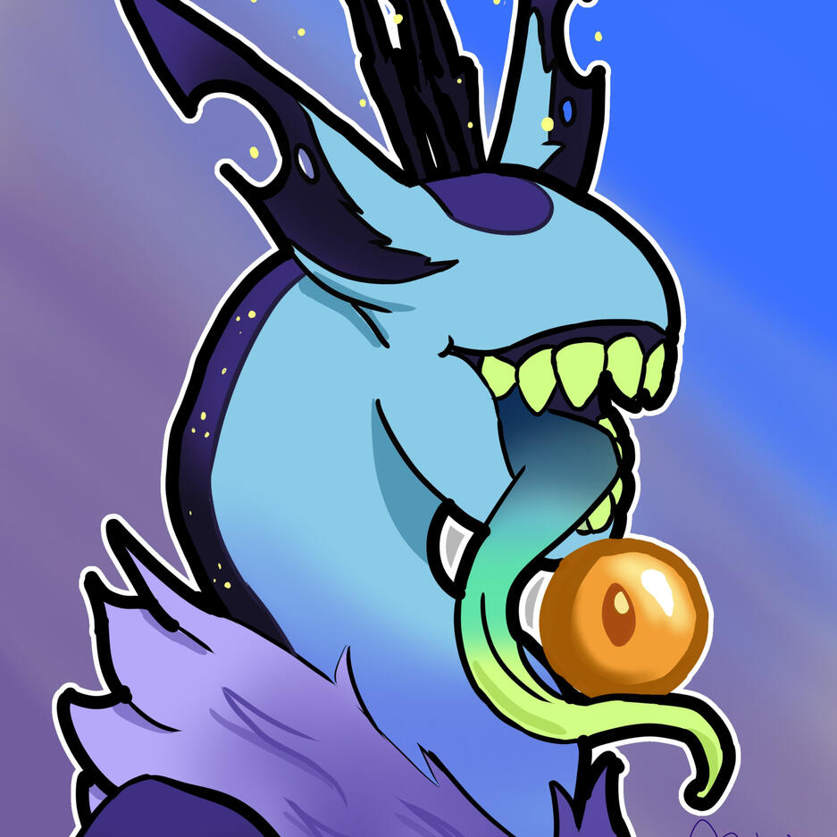Headshot of a CCCat, a wormlike blue alien with a long tongue holding an orange eyeball, grinning and showing teeth