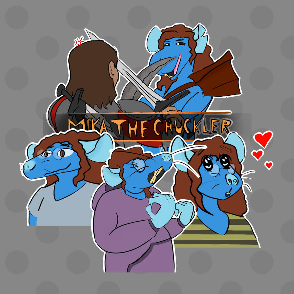 3 Telegram stickers of a rat lady rocking out to music, making a funny face, wide-eyed with big hearts, and sword fighting a YCH