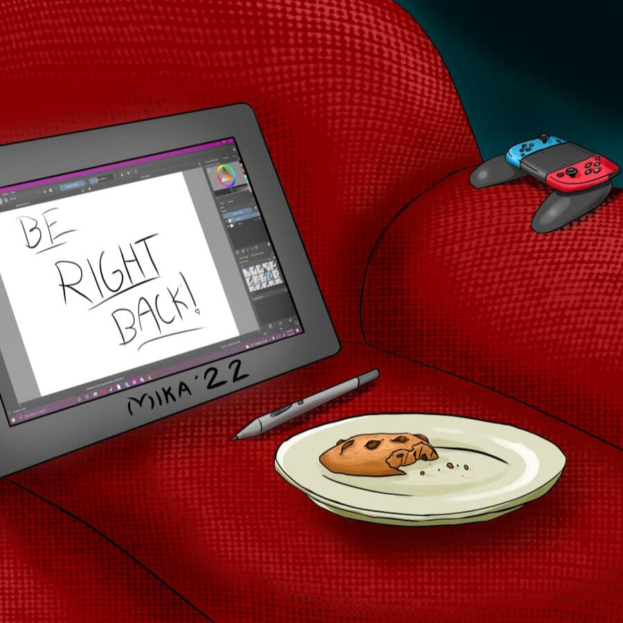 A graphics tablet that says "Be Right Back!", a cookie on a plate, and a Nintendo Switch controller sitting on a couch