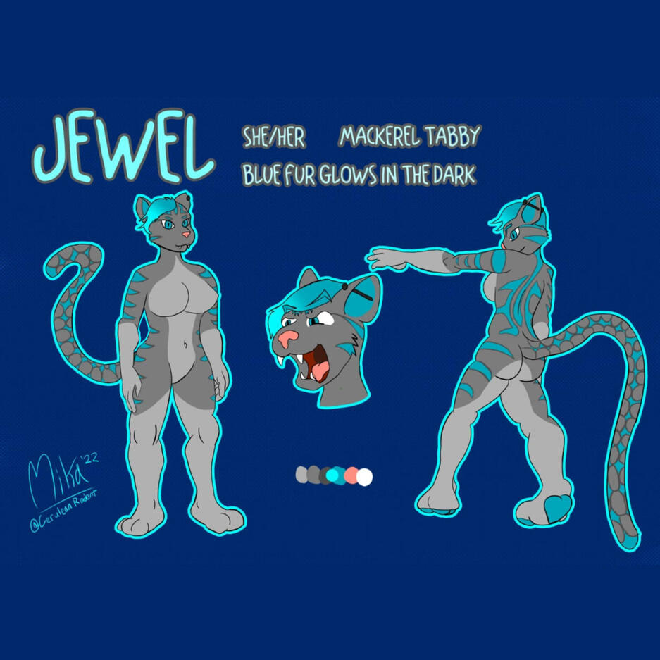 Front, back, and headshot views of Jewel, a female gray and white mackerel tabby with glowing neon blue fur markings