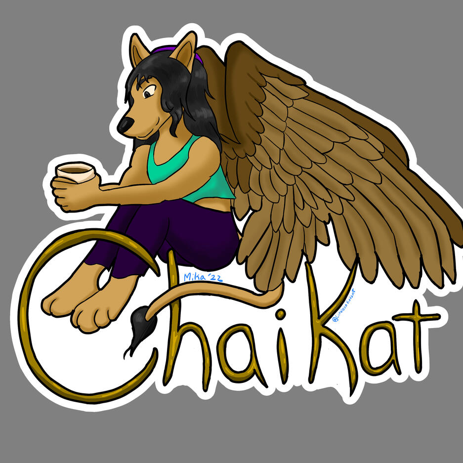 A winged wolf/lion hybrid sitting and enjoying a mocha, with name ChaiKat underneath