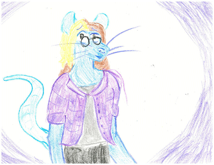 Mika the blue rat smiling, from the waist up.