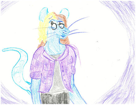 Mika the blue rat smiling, from the waist up. Mika the blue rat smiling, from the waist up.