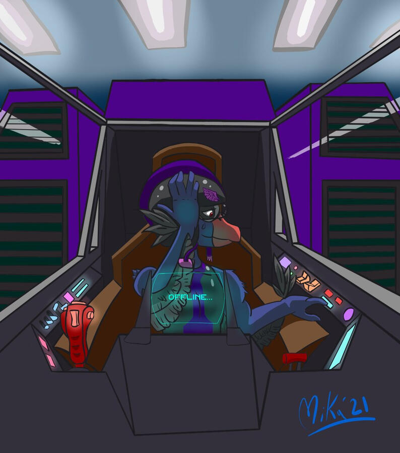 Bird space pilot in cockpit, looking to the side nervously, pressing buttons and adjusting his helmet