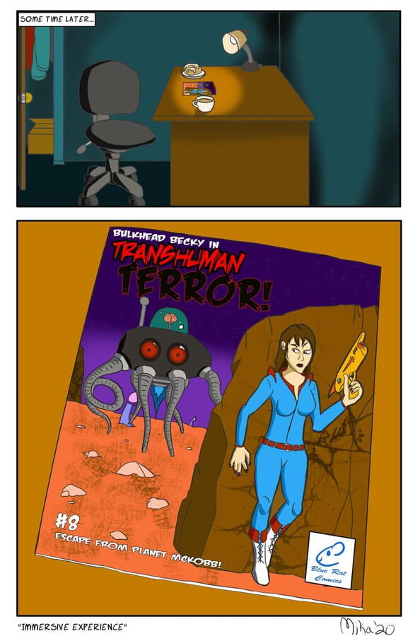 Comic page; a desk with a comic book, closeup of the comic, a sci-fi 60s style serial