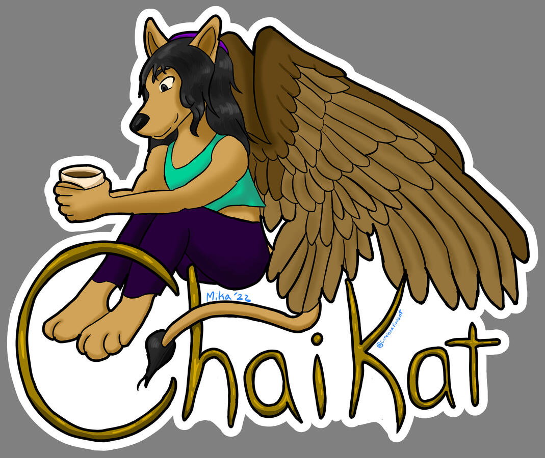 A winged wolf/lion hybrid sitting and enjoying a mocha, with name ChaiKat underneath