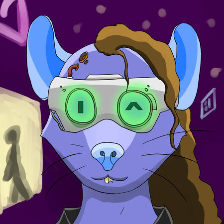 Blue cyborg rat with a half-shaved head winking with a digital visor Blue cyborg rat with a half-shaved head winking with a digital visor