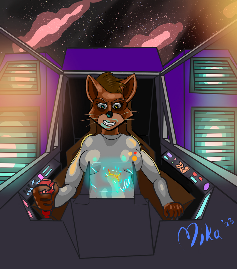Red raccoon space pilot in cockpit, gritting her teeth as she avoids explosions