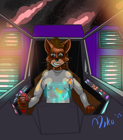 Red raccoon space pilot in cockpit, gritting her teeth as she avoids explosions Red raccoon space pilot in cockpit, gritting her teeth as she avoids explosions