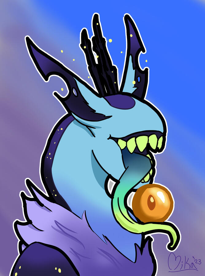 Headshot of a CCCat, a wormlike blue alien with a long tongue holding an orange eyeball, grinning and showing teeth