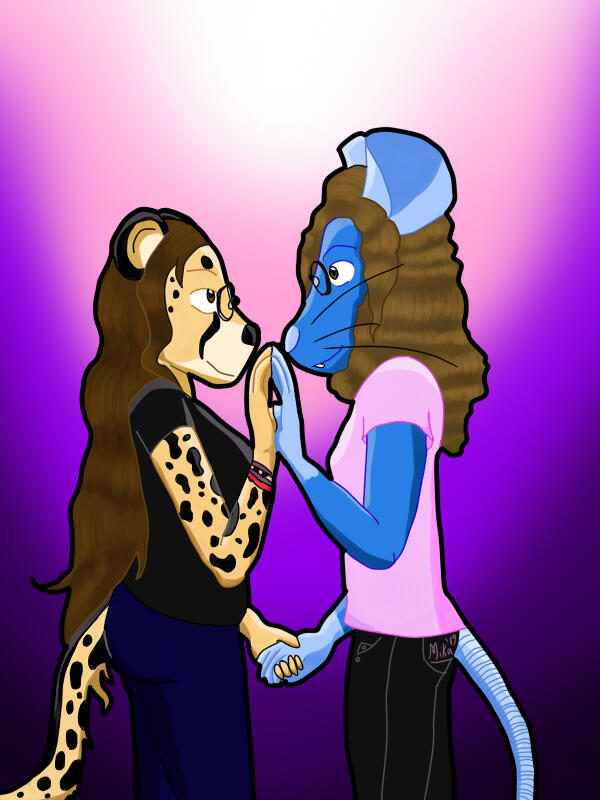 King cheetah and blue rat pressing their palms together and gazing lovingly at each other