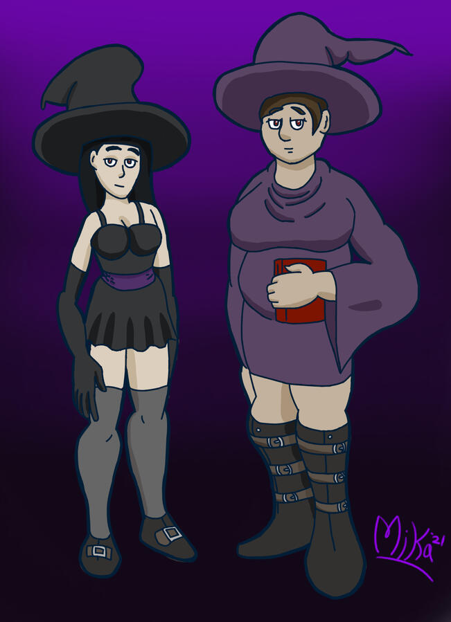 Two witches, one short and thin wearing a black dress and stockings, the other tall and chubby wearing a purple tunic and boots