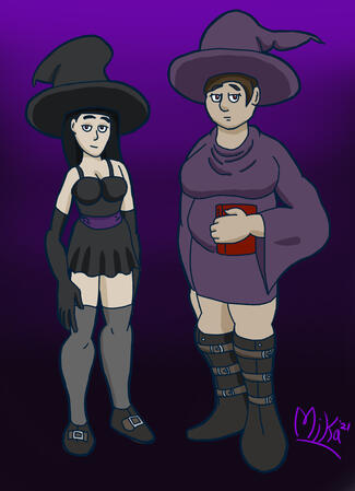 Two witches, one short and thin wearing a black dress and stockings, the other tall and chubby wearing a purple tunic and boots Two witches, one short and thin wearing a black dress and stockings, the other tall and chubby wearing a purple tunic and boots