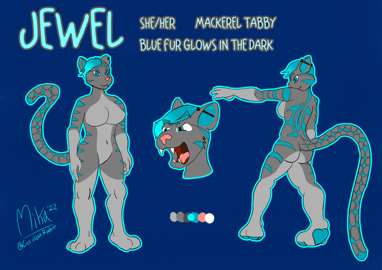 Reference sheet showing front, back, and headshot of a female gray and white anthro mackerel tabby cat with glowing blue markings