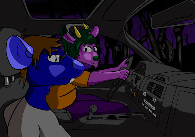 A blue rat slumps in the passenger seat of a car driving through woods at night, looking resigned and defeated. Purple goat leans forward in the driver's seat with a look of concern. A blue rat slumps in the passenger seat of a car driving through woods at night, looking resigned and defeated. Purple goat leans forward in the driver's seat with a look of concern.
