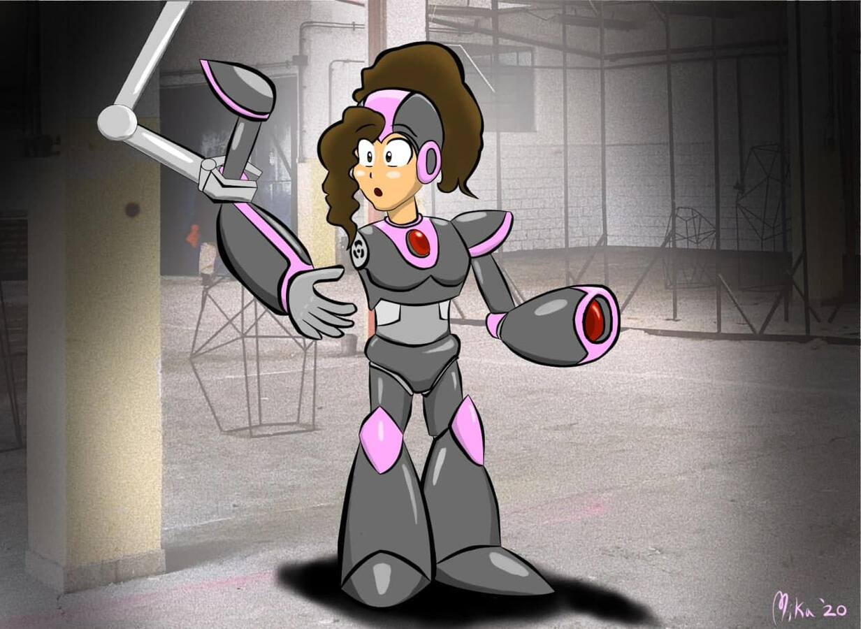 A gray and pink Megaman style robot having an arm replaced