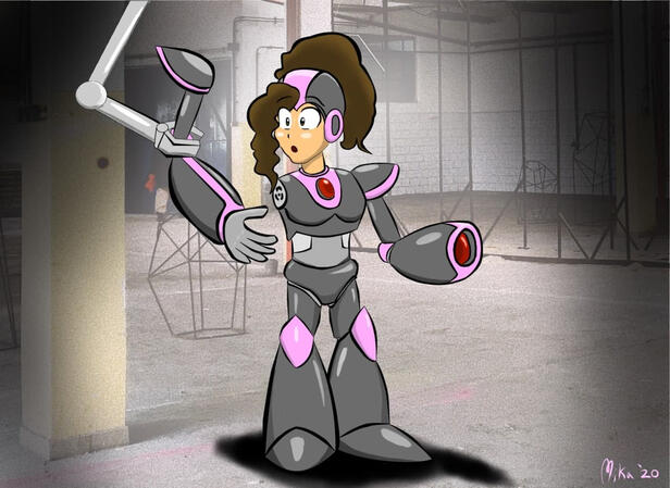 A gray and pink Megaman style robot having an arm replaced A gray and pink Megaman style robot having an arm replaced